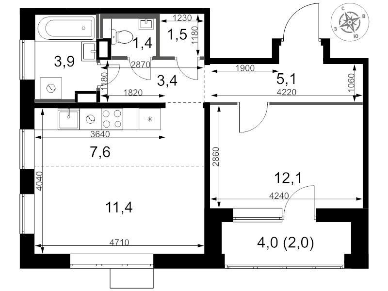 2 ккв (Евро) 48,4 м²
