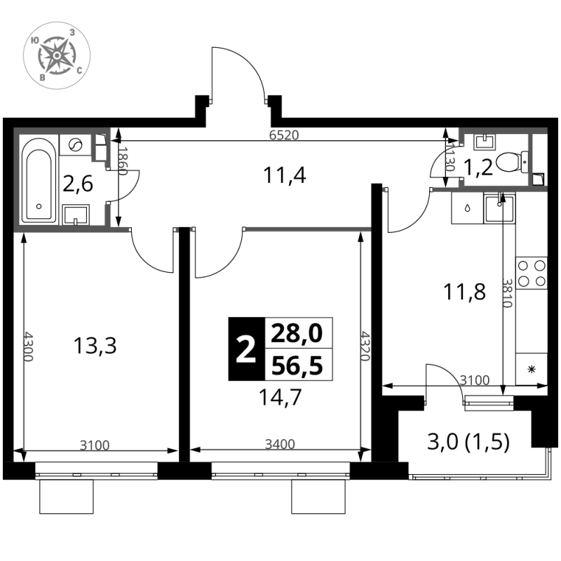 2 ккв 56,5 м²