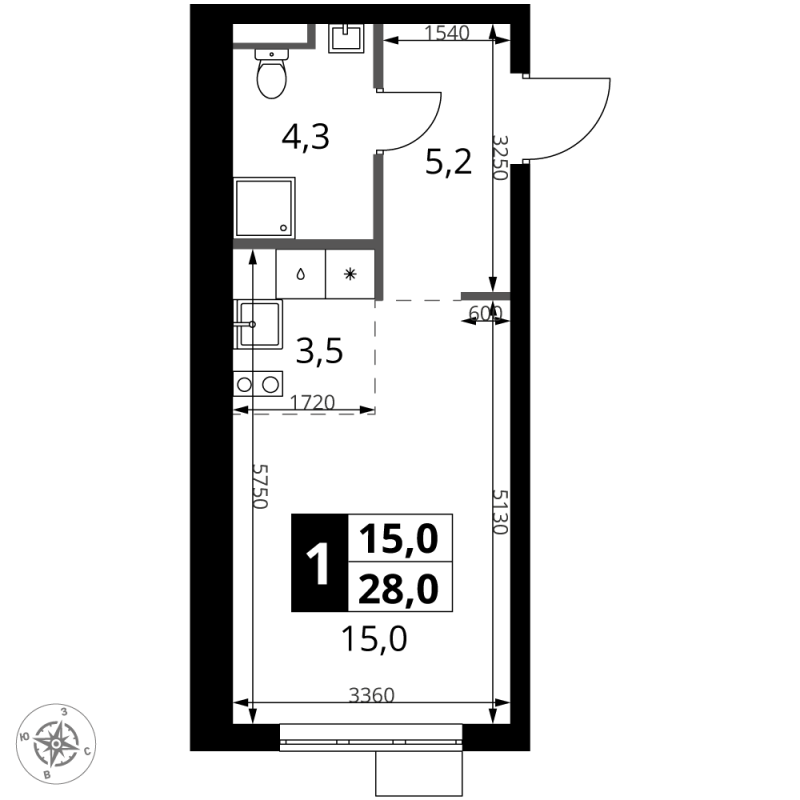 Студия 28 м²