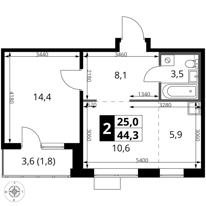 2 ккв (Евро) 44,3 м²