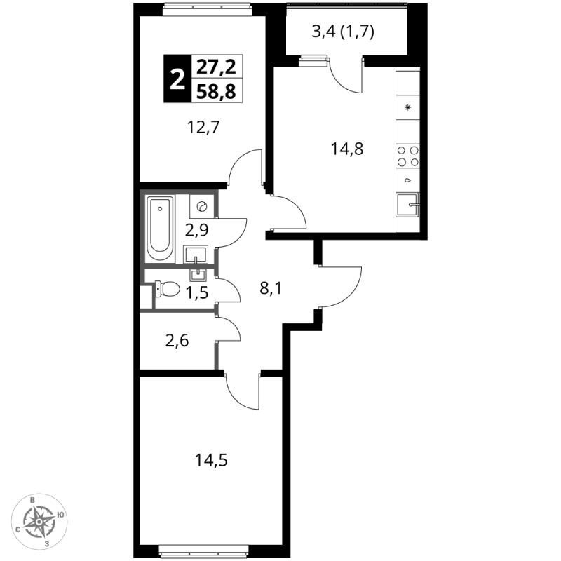 2 ккв 58,8 м²
