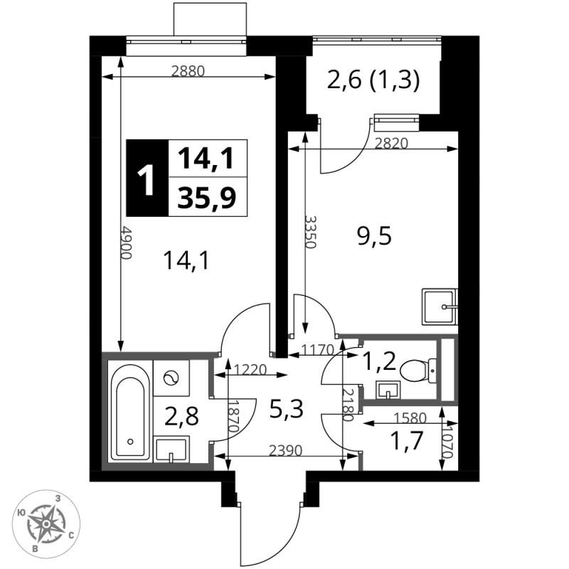 1 ккв 35,9 м²