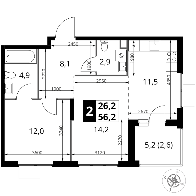 2 ккв (Евро) 56,2 м²