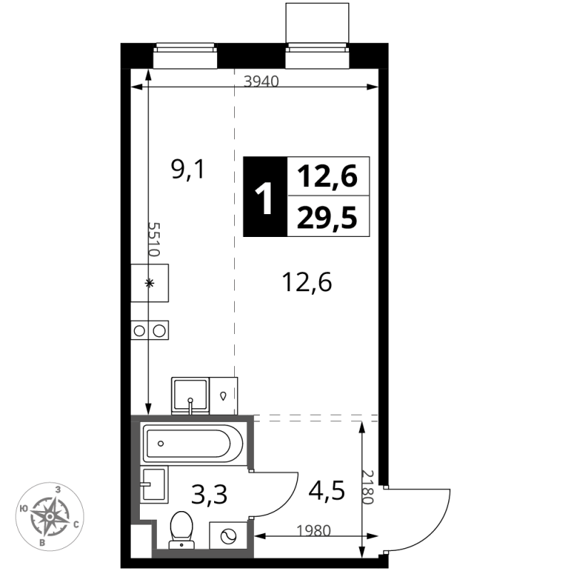 Студия 29,5 м²