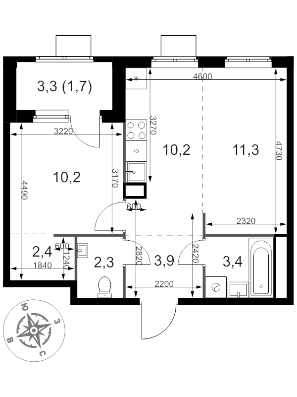 2 ккв (Евро) 45,4 м²