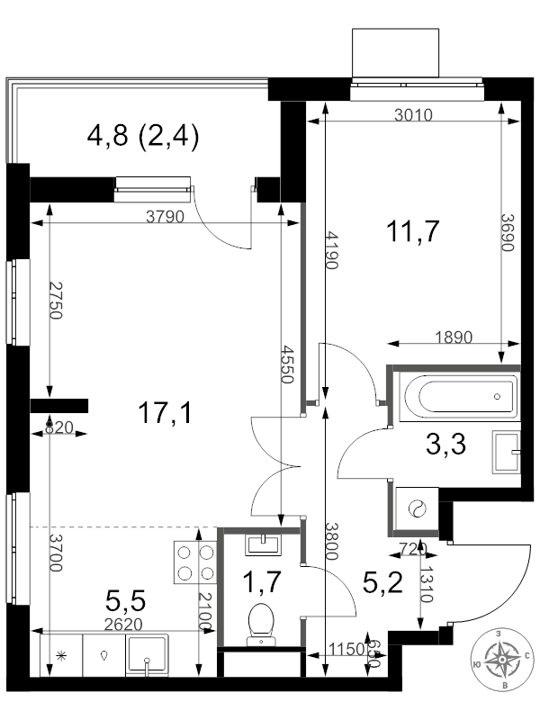 2 ккв (Евро) 46,9 м²