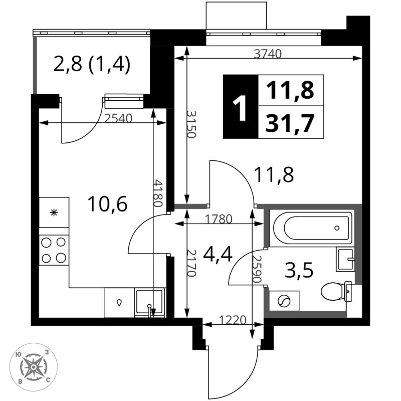 1 ккв 31,7 м²