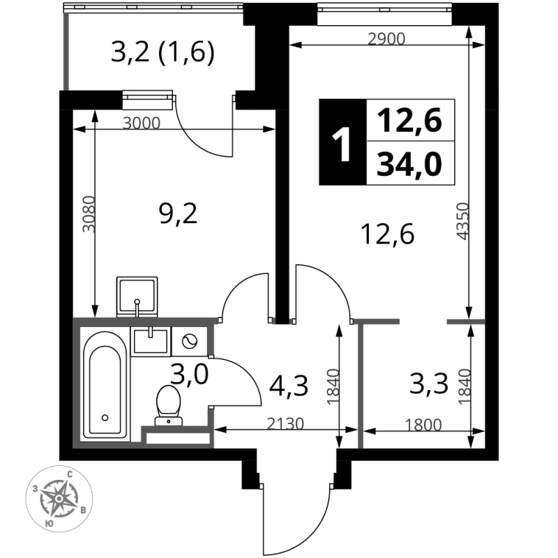 1 ккв 34 м²