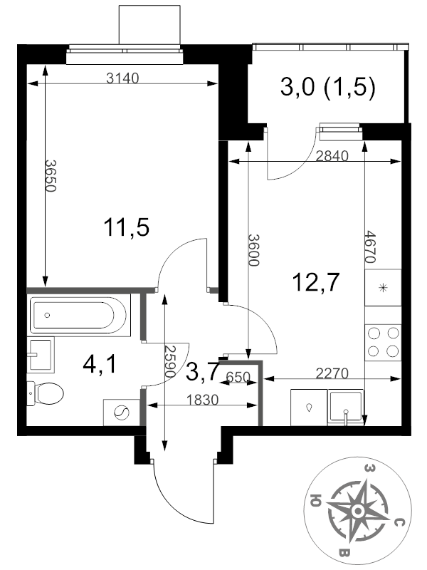 1 ккв 33,5 м²