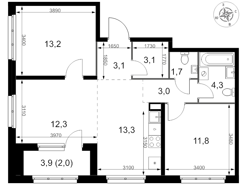 3 ккв (Евро) 67,8 м²