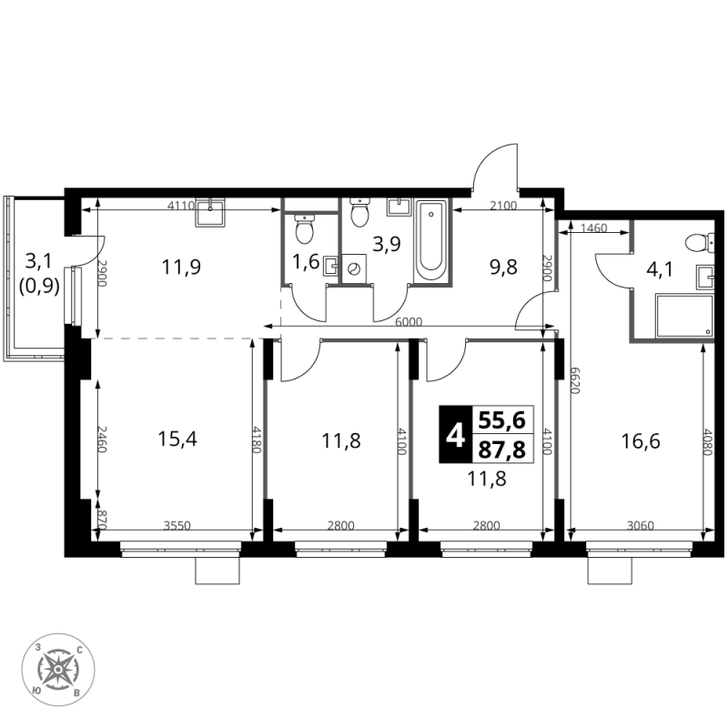 4 ккв (Евро) 87,8 м²