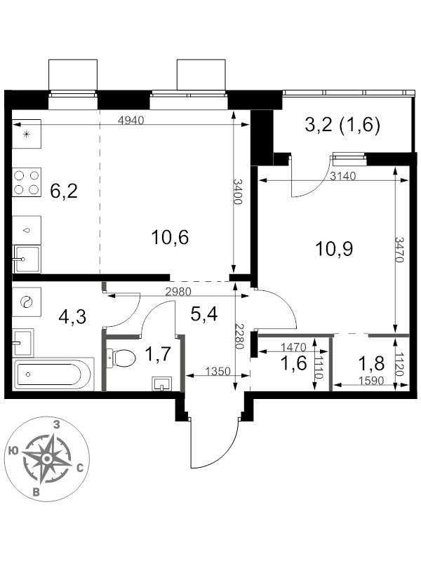 2 ккв (Евро) 44,1 м²