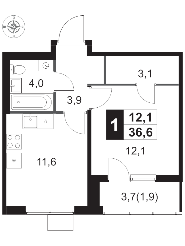 1 ккв 36,6 м²