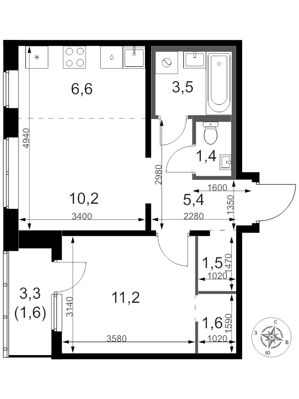 2 ккв (Евро) 44,1 м²