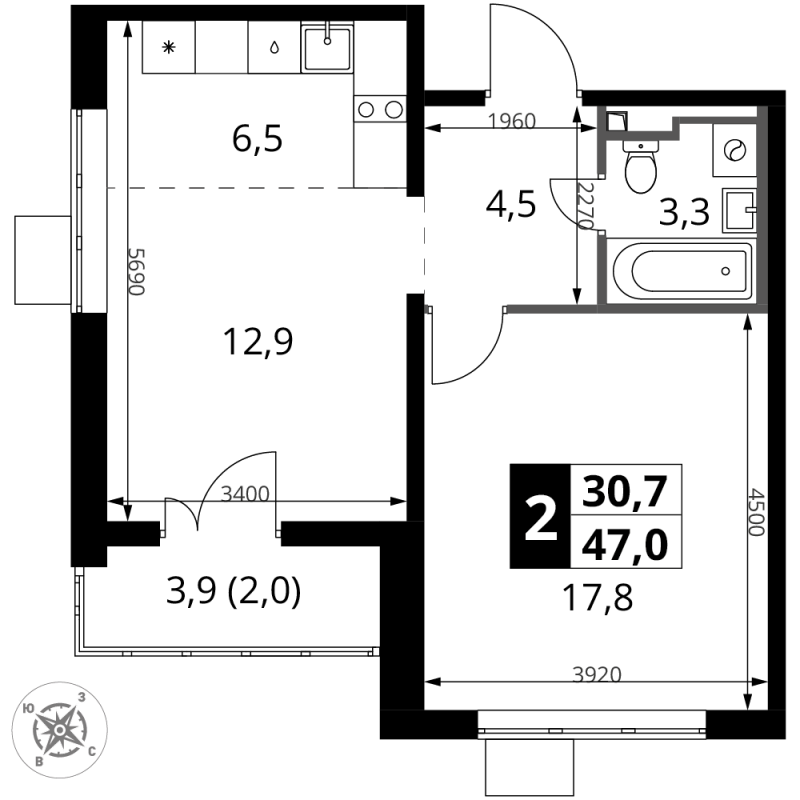 2 ккв (Евро) 47 м²