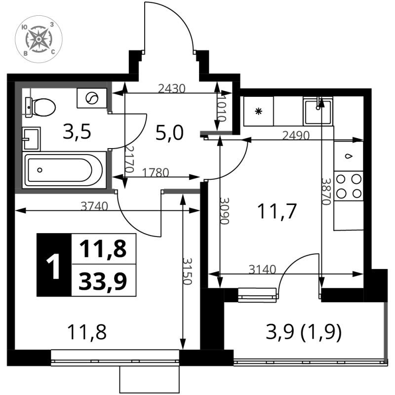 1 ккв 33,9 м²