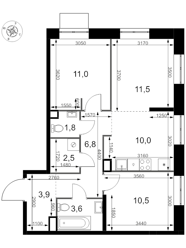 3 ккв (Евро) 61,6 м²