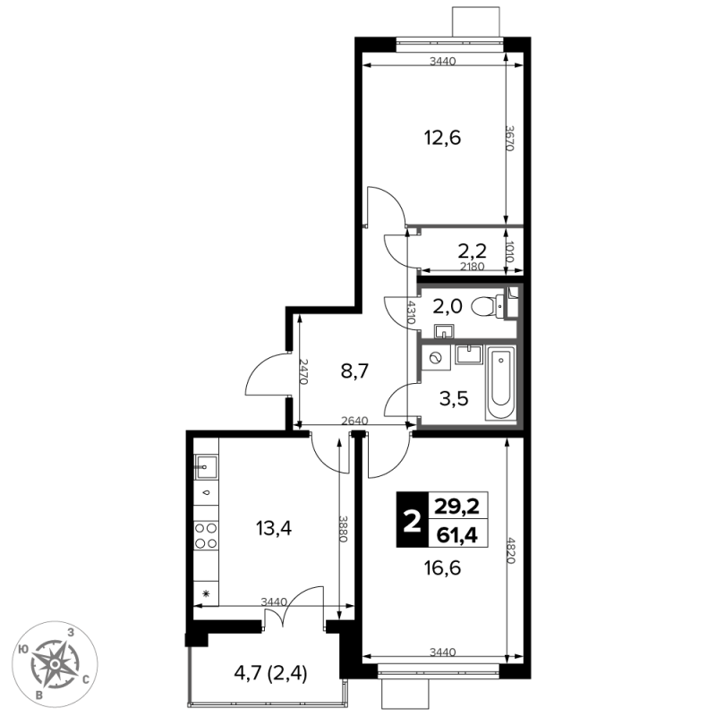2 ккв 61,4 м²