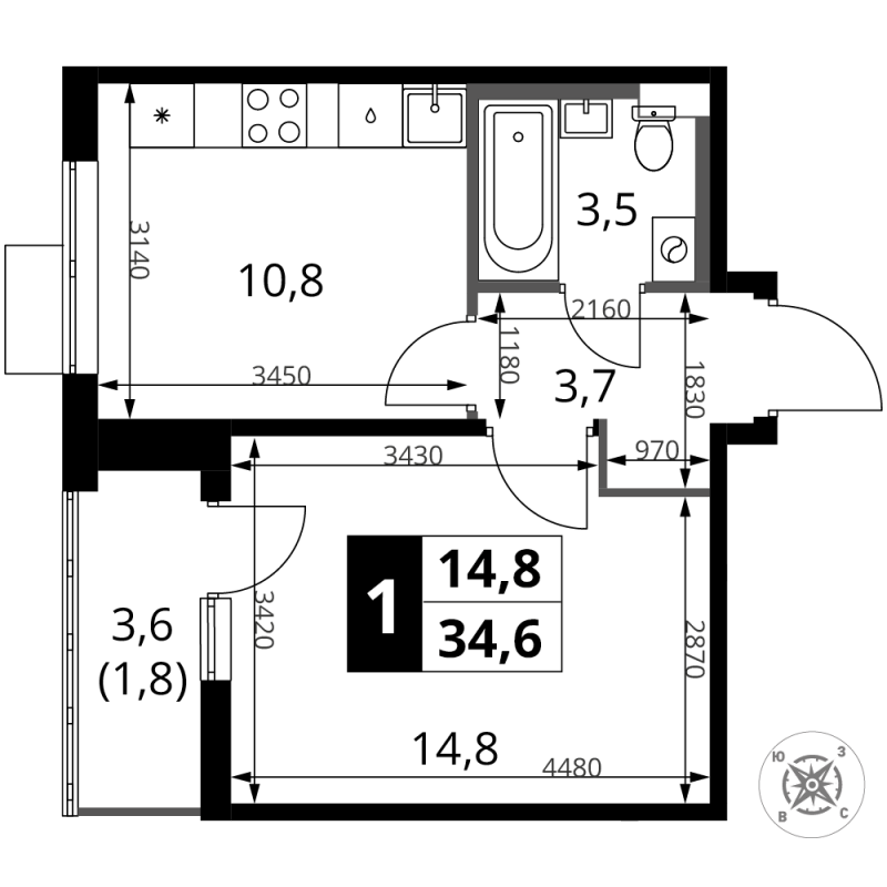 1 ккв 34,6 м²