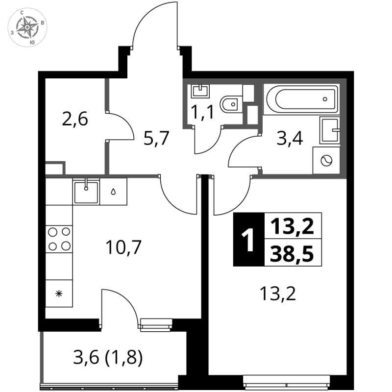 1 ккв 38,5 м²