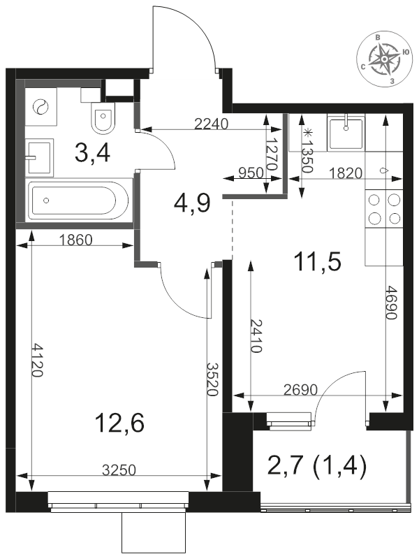 1 ккв 33,8 м²