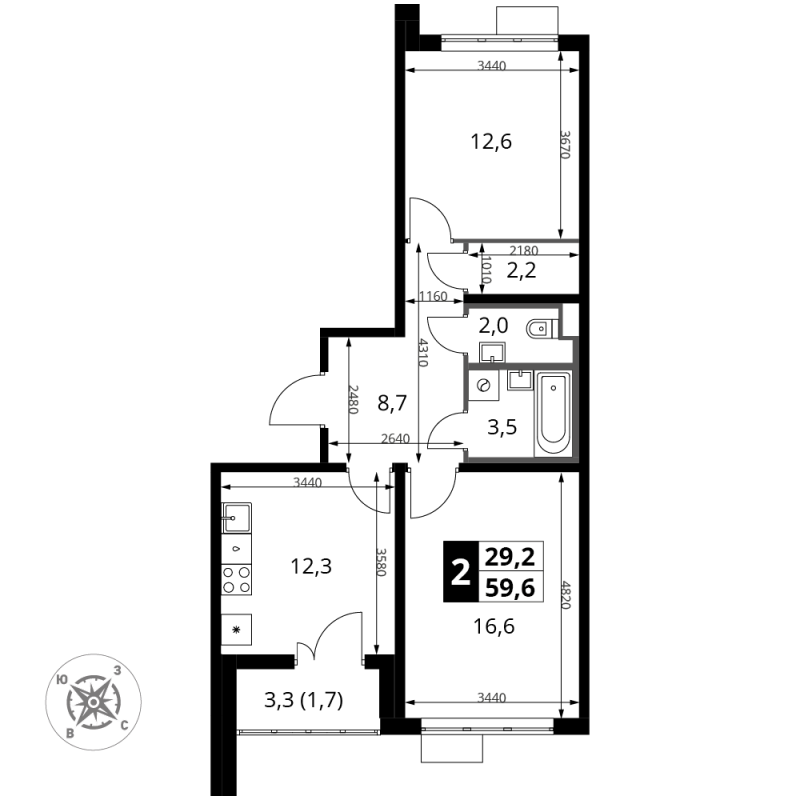 2 ккв 59,6 м²