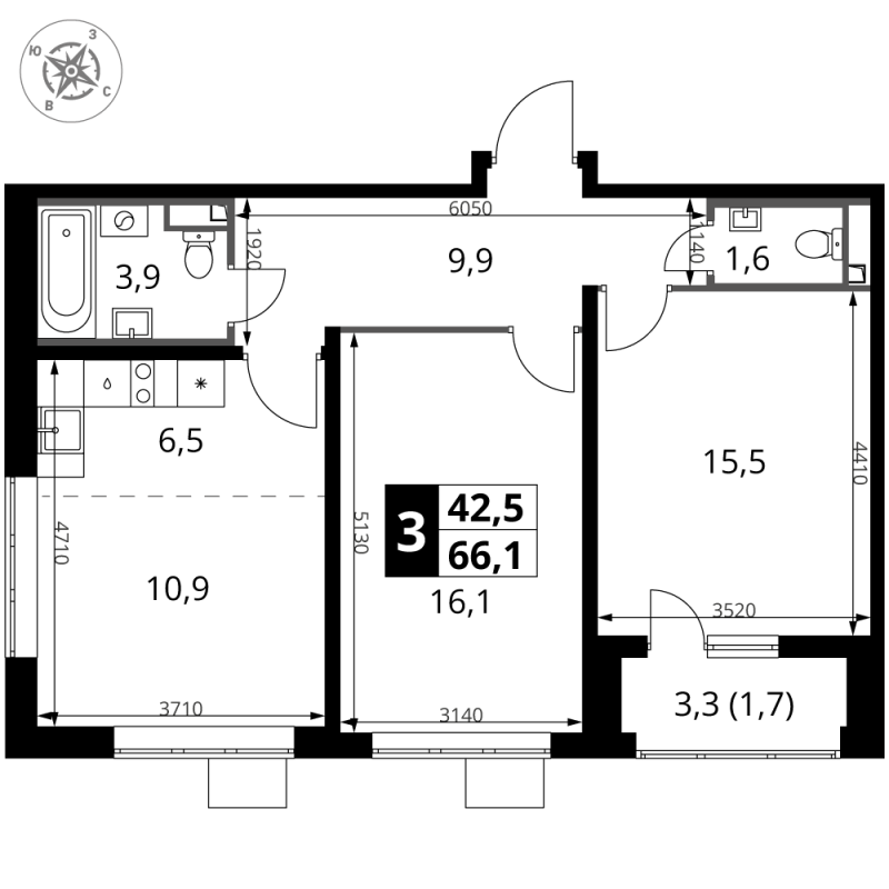 3 ккв (Евро) 66,1 м²
