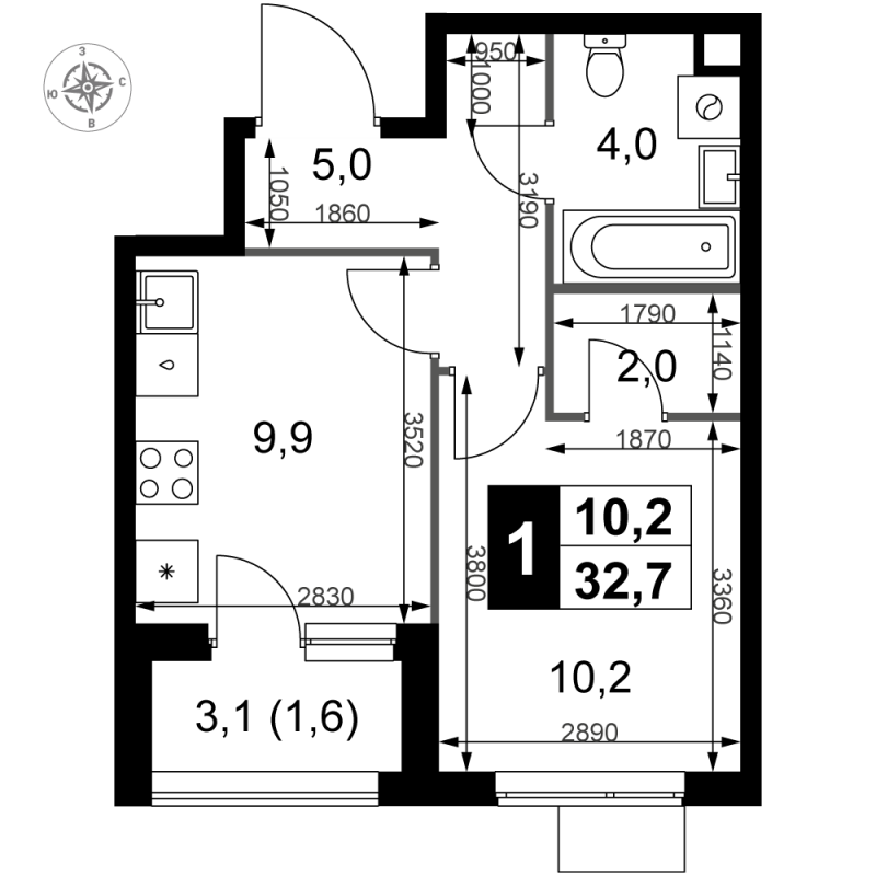 1 ккв 32,7 м²