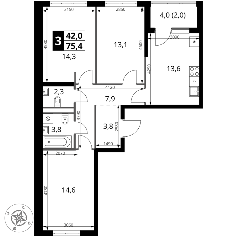 3 ккв 76,1 м²