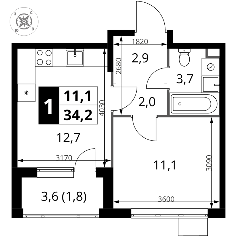 1 ккв 34,2 м²