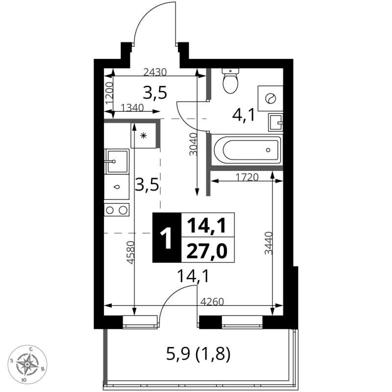 Студия 27 м²