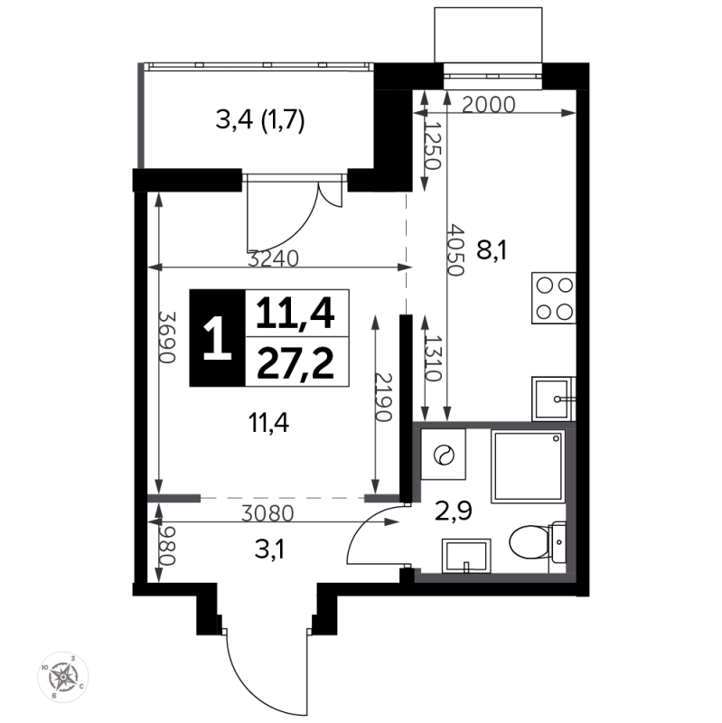 Студия 28,3 м²