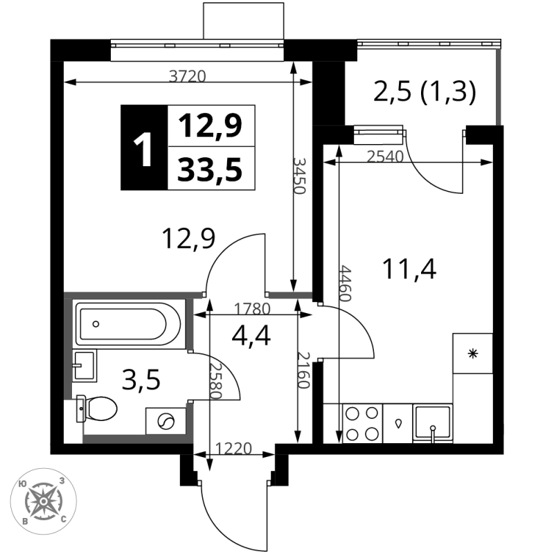 1 ккв 33,5 м²