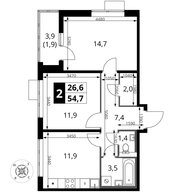 2 ккв 54,7 м²
