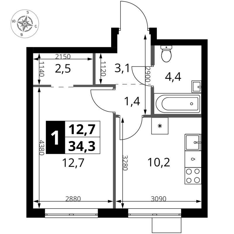 1 ккв 34,3 м²
