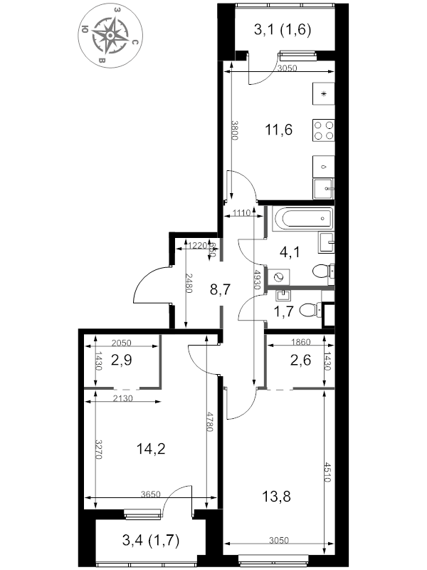 2 ккв 62,9 м²