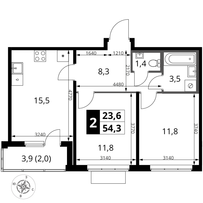 3 ккв (Евро) 54,3 м²