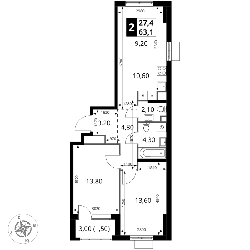 3 ккв (Евро) 63,2 м²