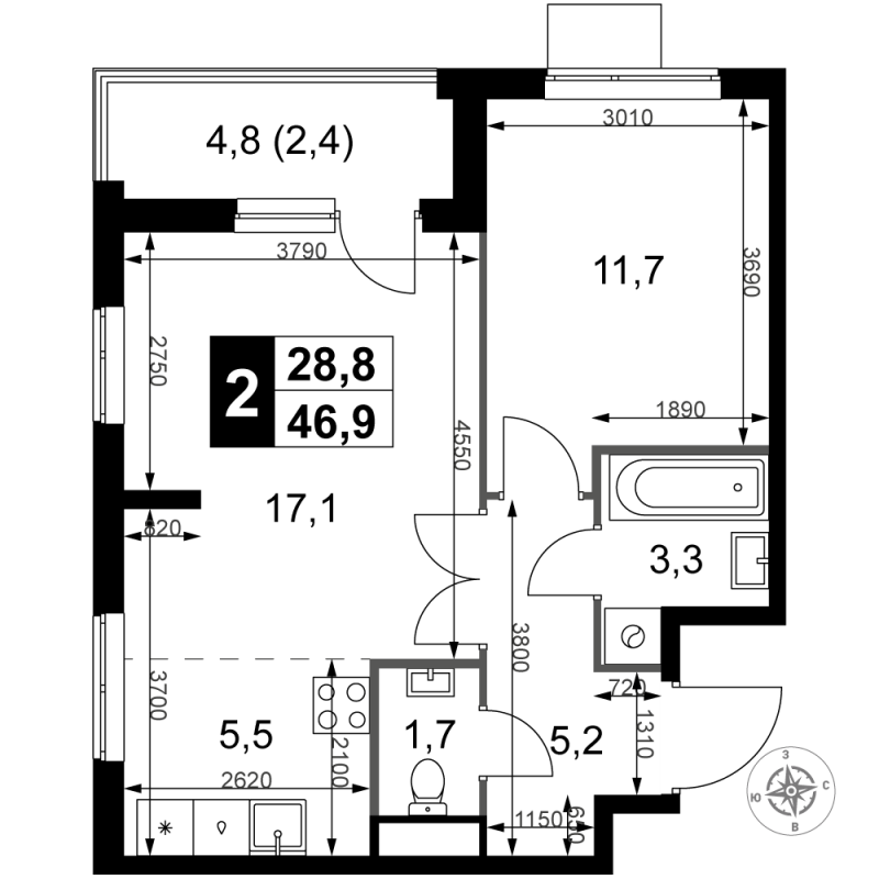 2 ккв (Евро) 46,9 м²
