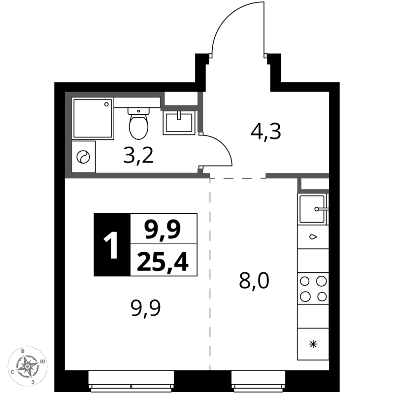 Студия 25,4 м²