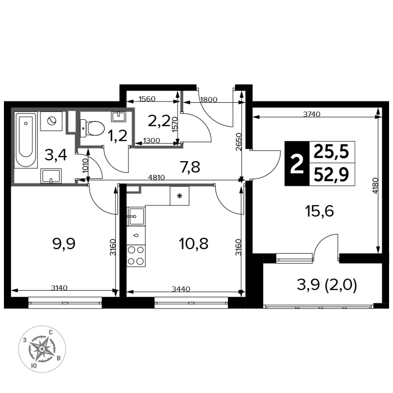 2 ккв 53,5 м²