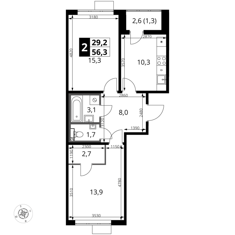 2 ккв 56,3 м²