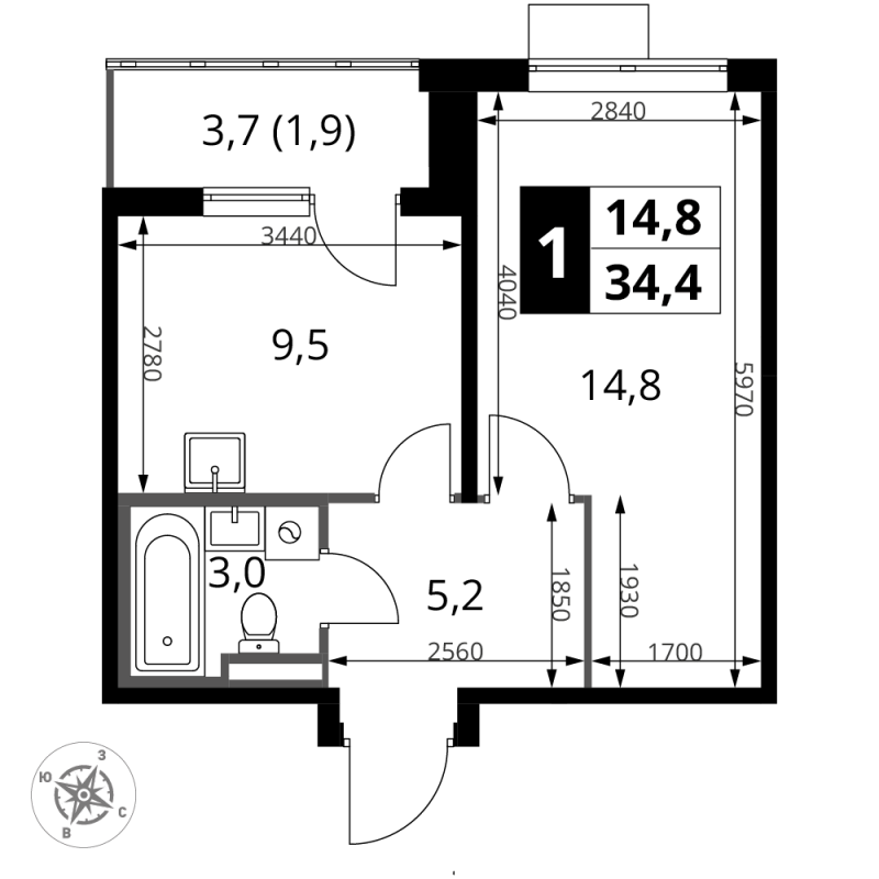 1 ккв 34,4 м²
