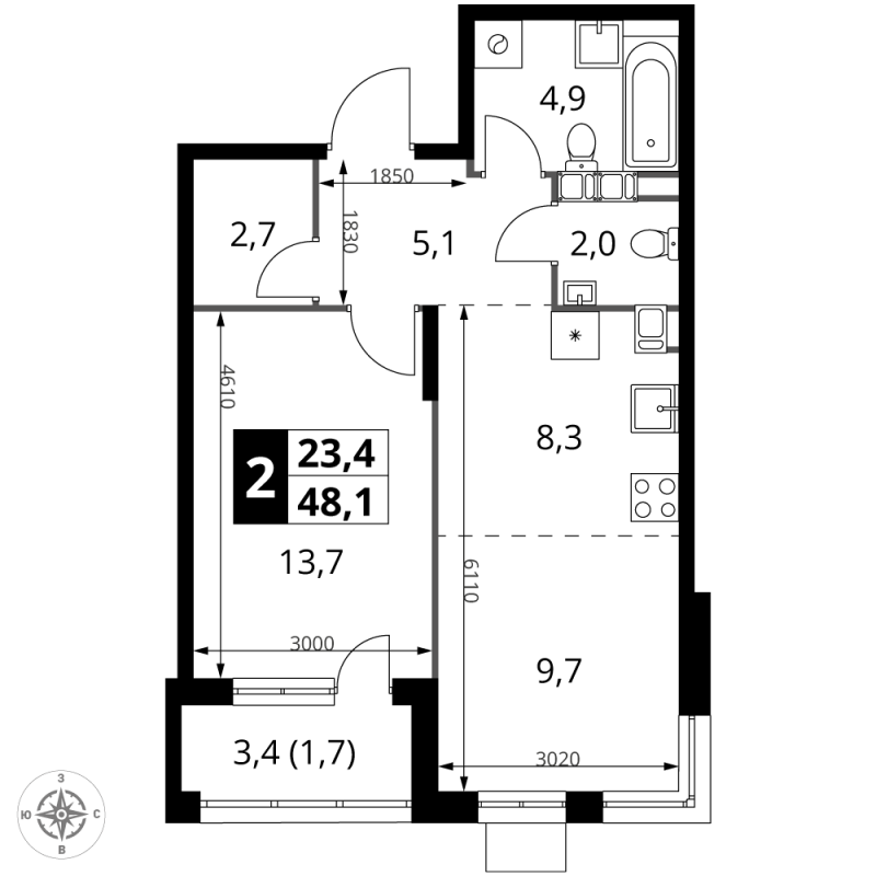 2 ккв (Евро) 48,1 м²