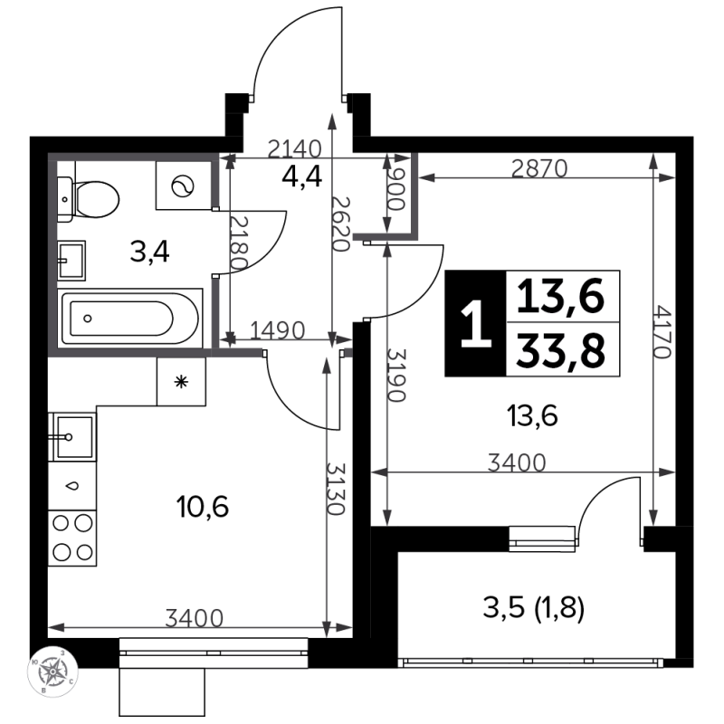 1 ккв 34,4 м²