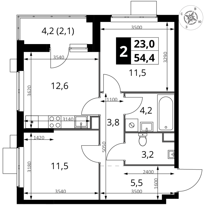 2 ккв 54,4 м²