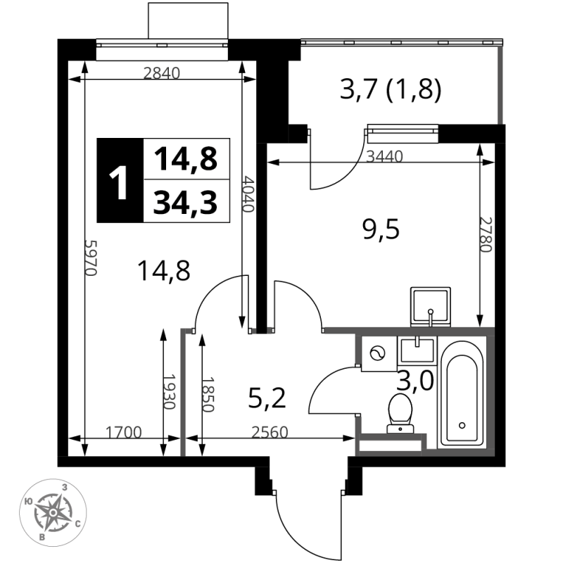 1 ккв 34,3 м²