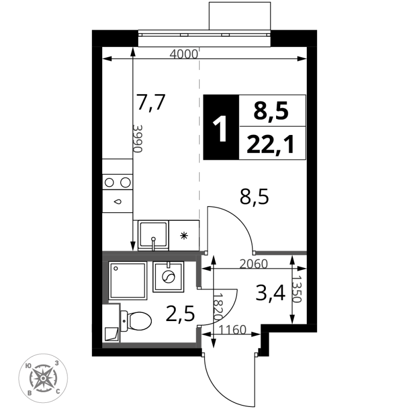 Студия 22,1 м²