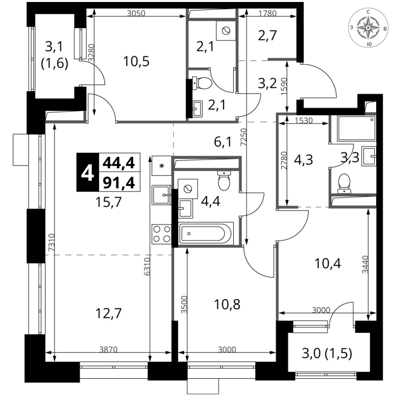 4 ккв (Евро) 91,4 м²