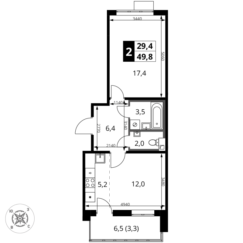 2 ккв (Евро) 49,8 м²